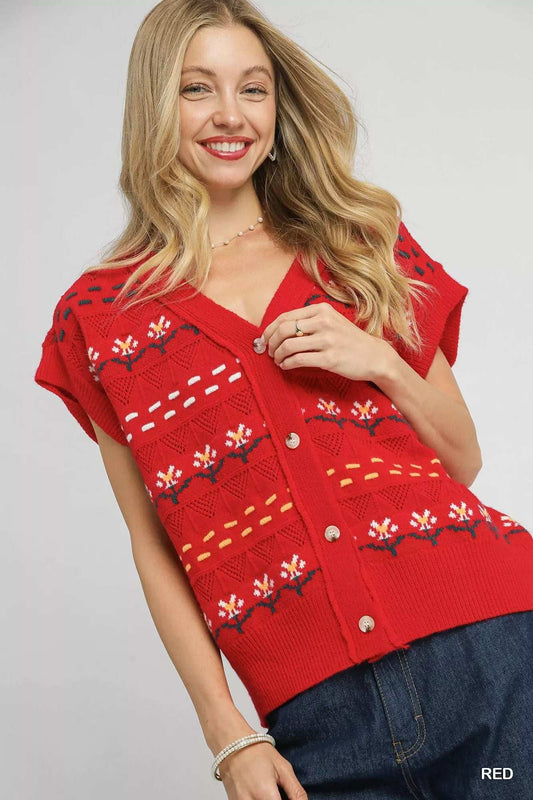 Umgee Button-Down Knit Vest with Floral Pattern - Trendsi - Flyclothing LLC