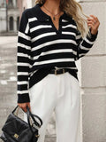 Striped Johnny Collar Long Sleeve Sweater - Trendsi - Flyclothing LLC