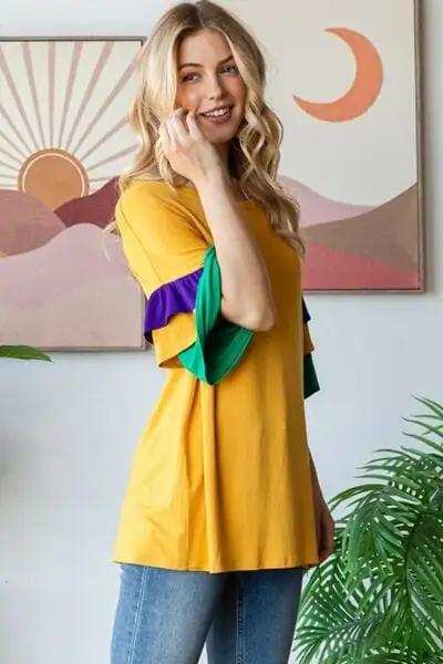 Heimish Full Size Round Neck Color Block Ruffled Half Sleeve Top Plus Size - Trendsi - Flyclothing LLC