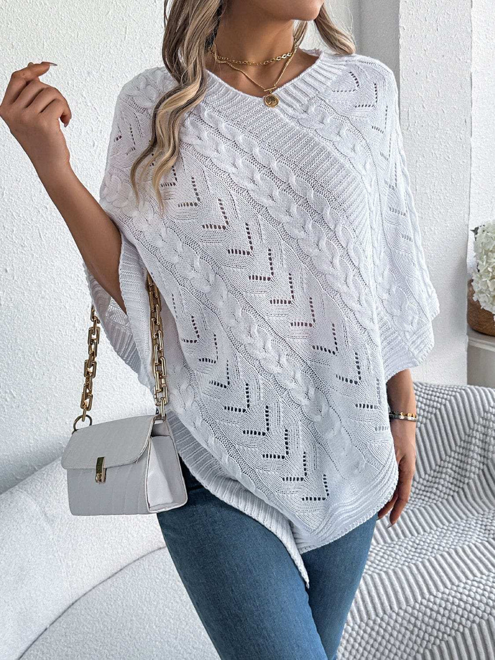 Cable-Knit Openwork Three-Quarter Sleeve Sweater - Trendsi - Flyclothing LLC