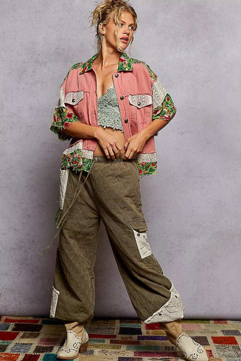 POL Lace Patch Floral Half Sleeve Shacket - Trendsi - Flyclothing LLC