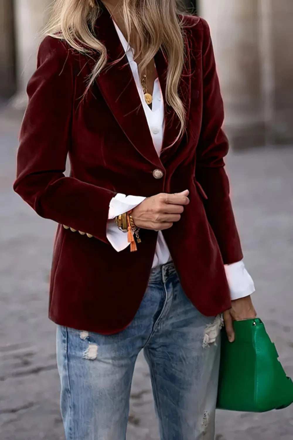 One Button Lapel Collar Long Sleeve Blazer - Trendsi - Flyclothing LLC