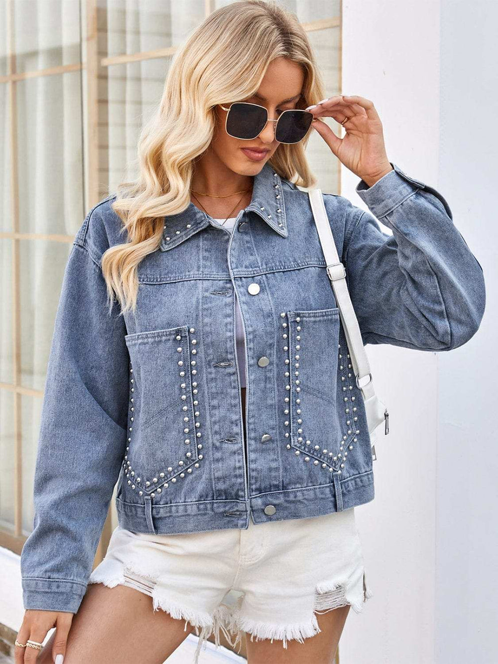 Studded Long Sleeve Denim Jacket - Trendsi - Flyclothing LLC