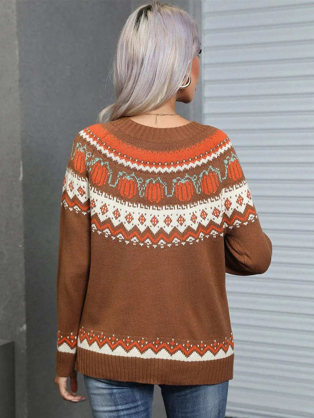 Angel Wings Geometric Round Neck Long Sleeve Sweater - Trendsi - Flyclothing LLC