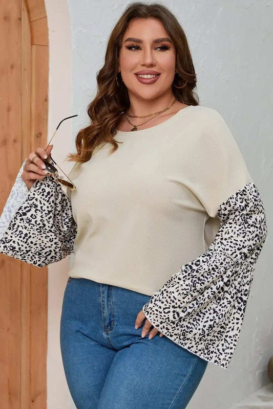 Plus Size Leopard Round Neck Long Sleeve Top - Trendsi - Flyclothing LLC