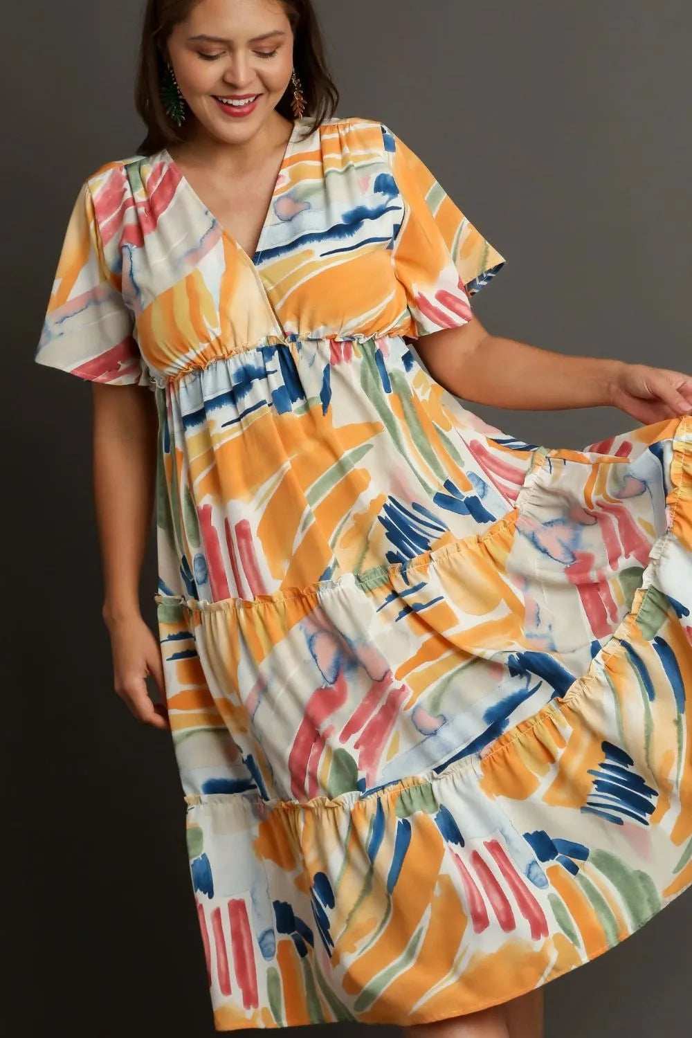 Umgee Full Size Abstract Print Flutter Sleeve Frill Tiered Midi Dress Plus Size - Trendsi - Flyclothing LLC