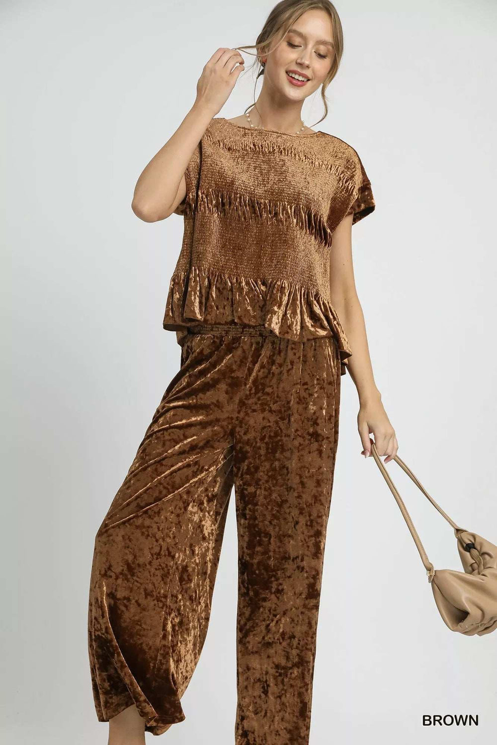 Umgee Velvet Smocked Waistband Wide Leg Pants - Trendsi - Flyclothing LLC
