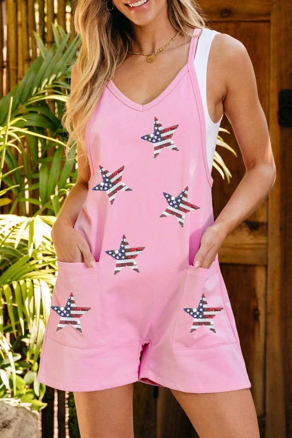 Sequin Pocketed Star V-Neck Romper - Trendsi - Flyclothing LLC