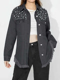 Raw Hem Pearl Trim Collared Neck Denim Top - Trendsi - Flyclothing LLC
