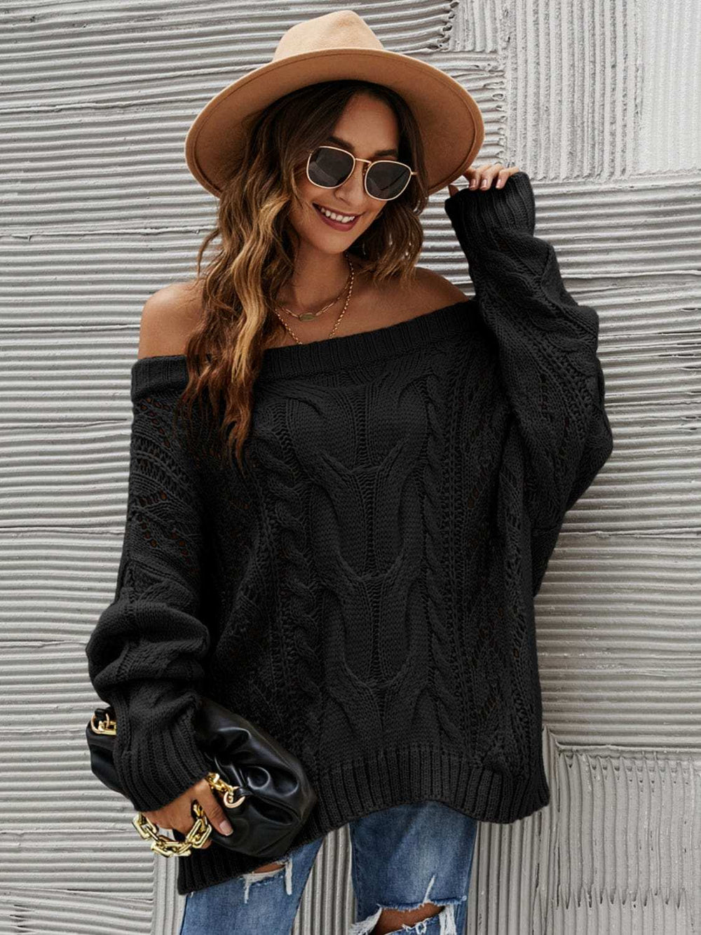 Cable Knit Openwork Off-Shoulder Sweater - Trendsi - Flyclothing LLC