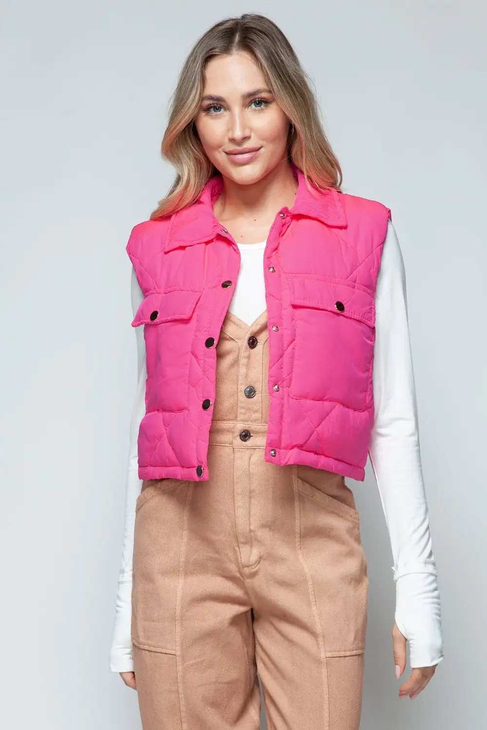 Snobbish Snap Down Quilted Crop Vest - Trendsi - Flyclothing LLC