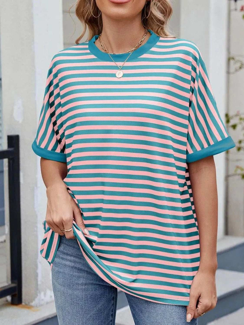 Striped Round Neck Half Sleeve T-Shirt - Trendsi - Flyclothing LLC