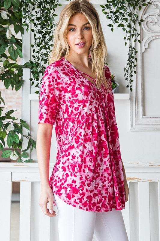 Heimish Full Size Short Sleeve Crisscross Animal Babydoll Top Plus Size - Trendsi - Flyclothing LLC