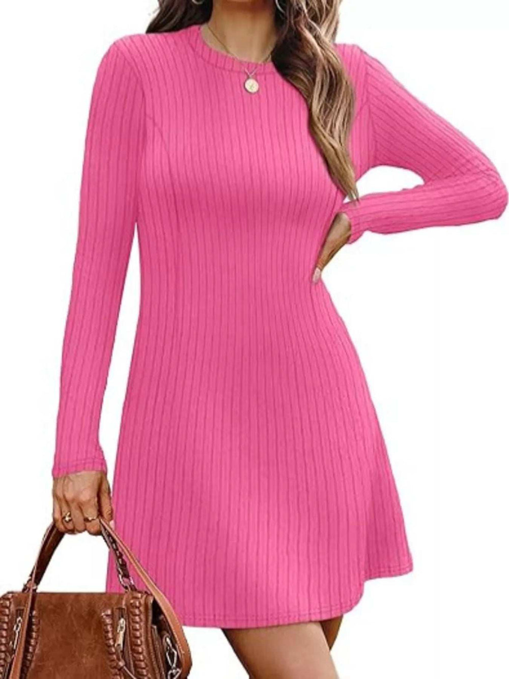 Ribbed Knit Long Sleeve A-Line Dress - Trendsi - Flyclothing LLC