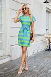 Tied Contrast Striped Short Sleeve Mini Tee Dress - Trendsi - Flyclothing LLC