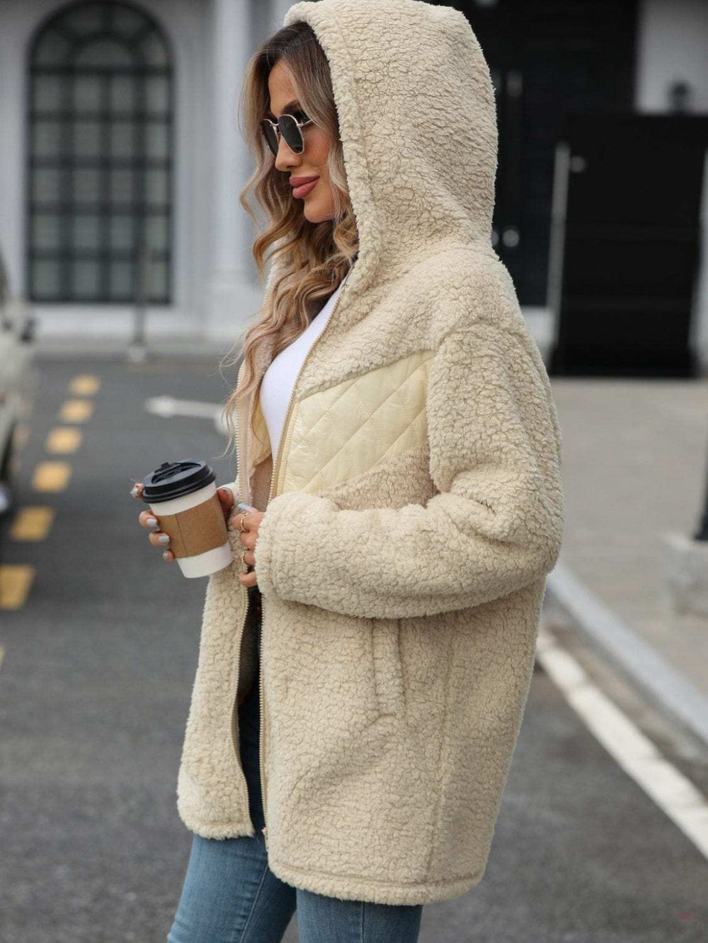 Fuzzy Zip Up Long Sleeve Hooded Jacket - Trendsi - Flyclothing LLC