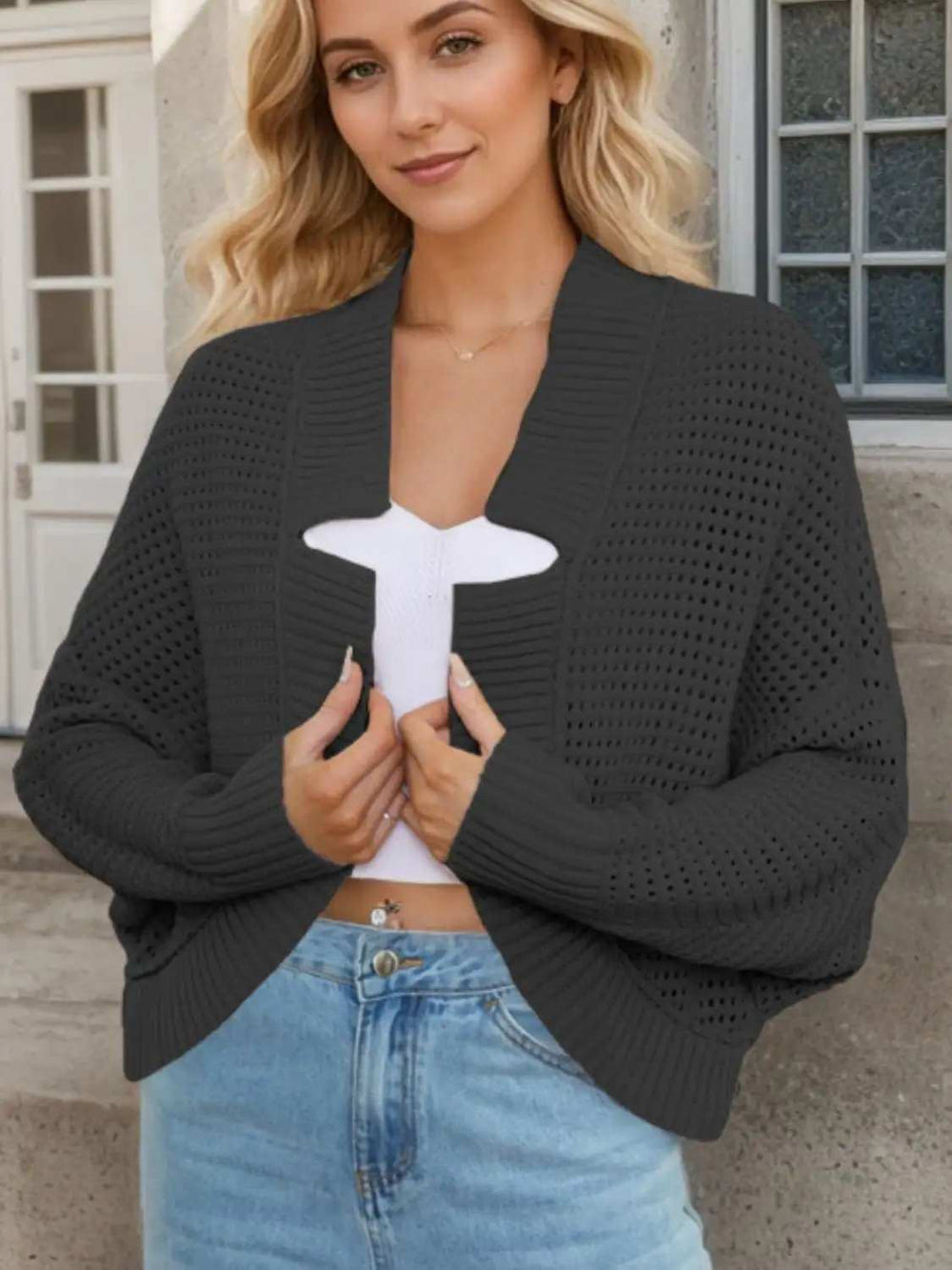 Openwork Open Front Long Sleeve Cardigan - Trendsi - Flyclothing LLC