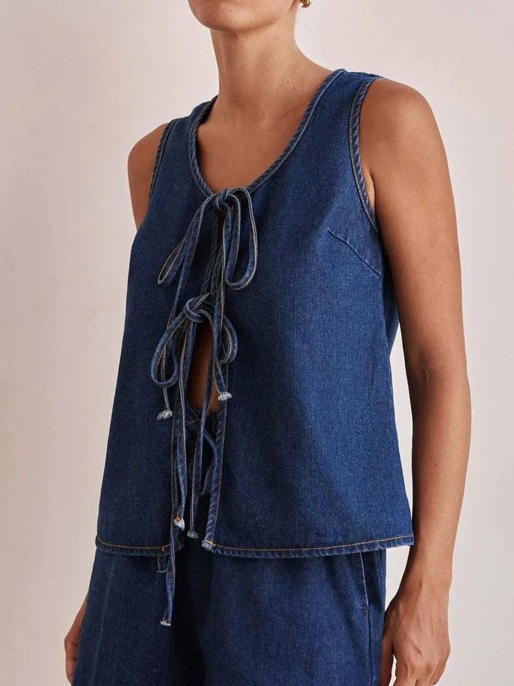 Tie Front Denim Vest - Trendsi - Flyclothing LLC