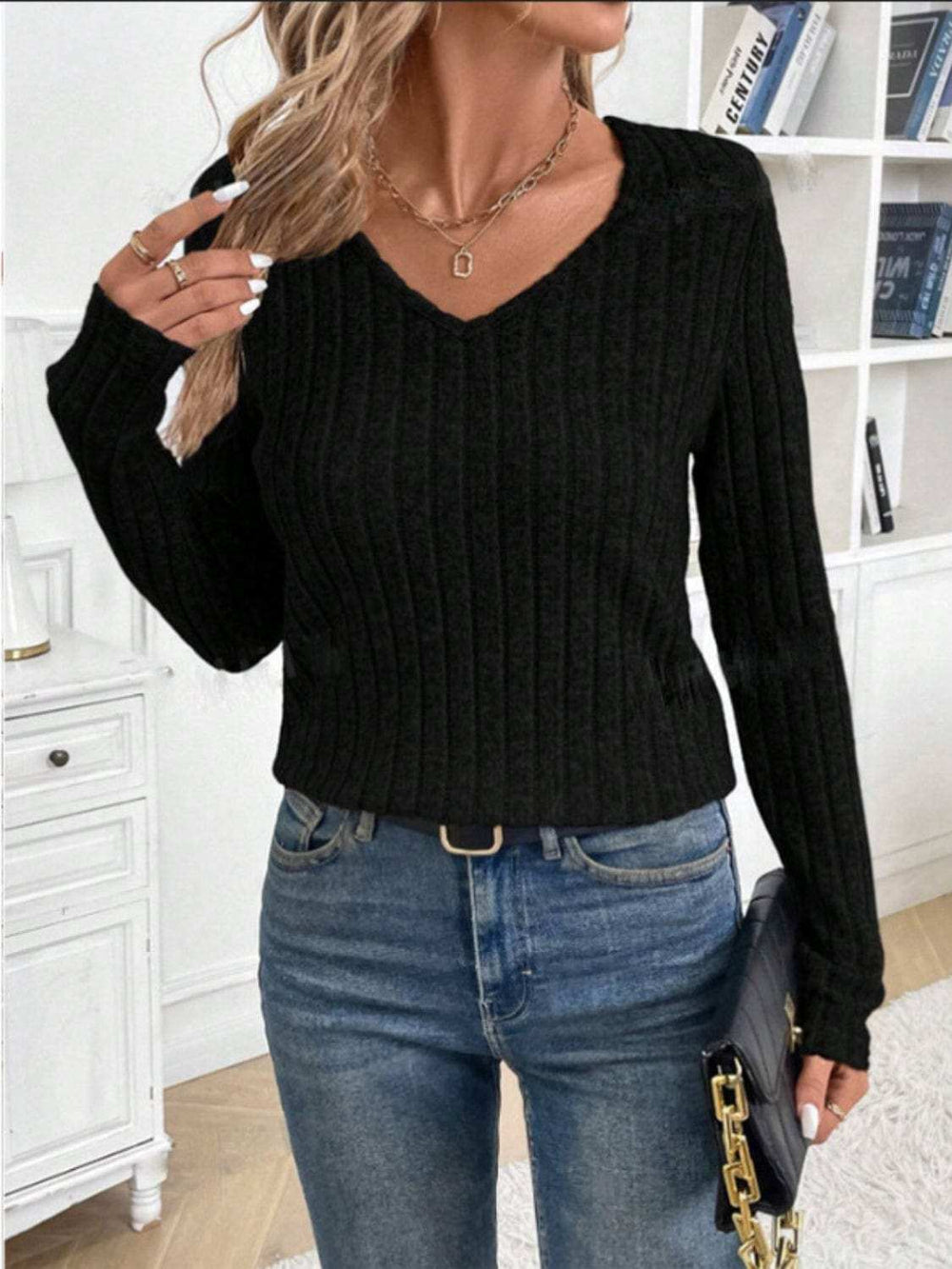 Lace Detail V-Neck Long Sleeve T-Shirt - Trendsi - Flyclothing LLC