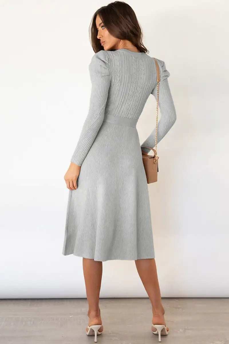 Round Neck Long Sleeve Tie Waist Sweater Dress - Trendsi - Flyclothing LLC