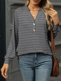 Striped Henley T-Shirt with Button Detail - Trendsi - Flyclothing LLC