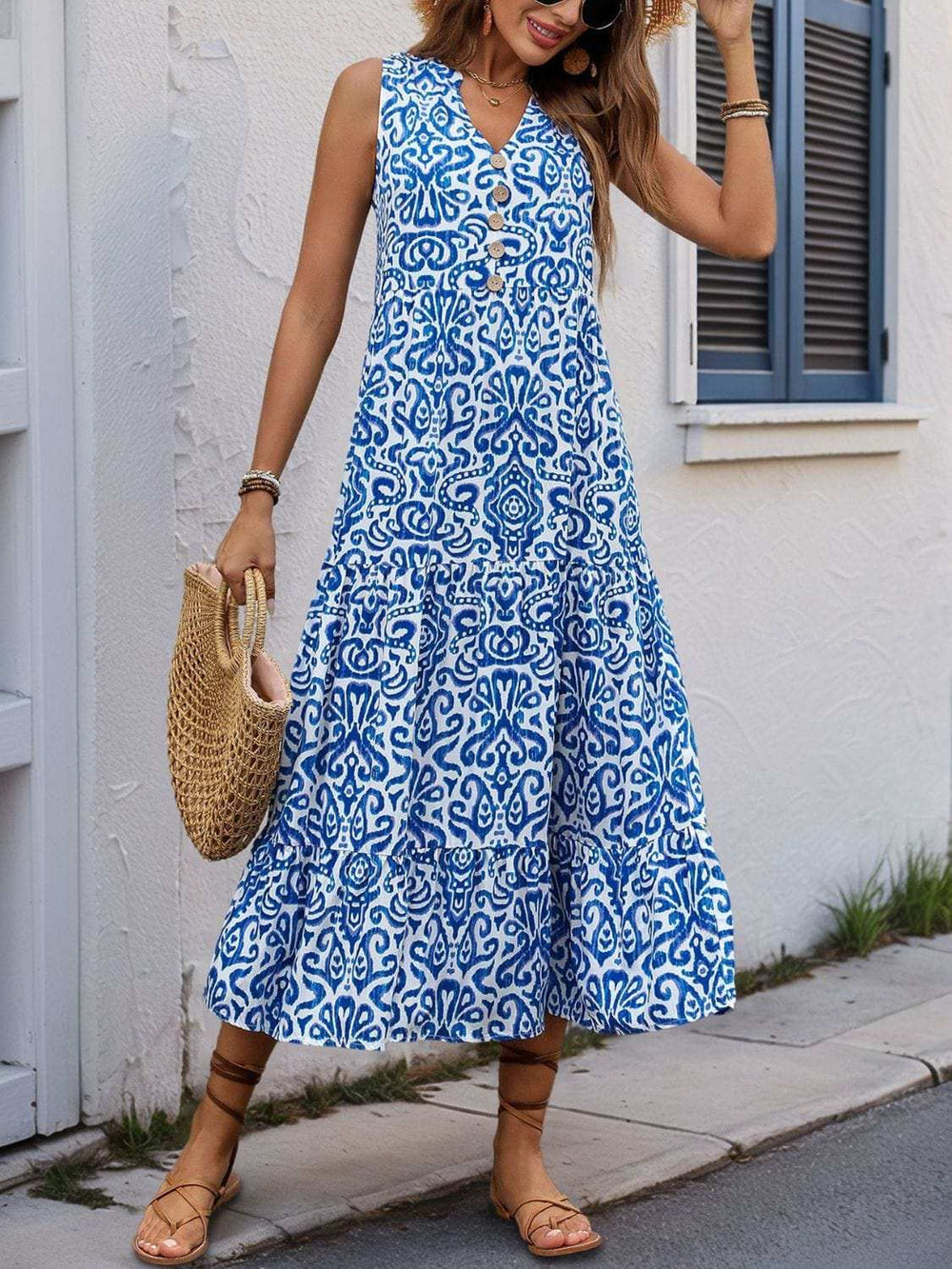 Perfee Decorative Button Printed Notched Sleeveless Midi Dress - Trendsi - Flyclothing LLC