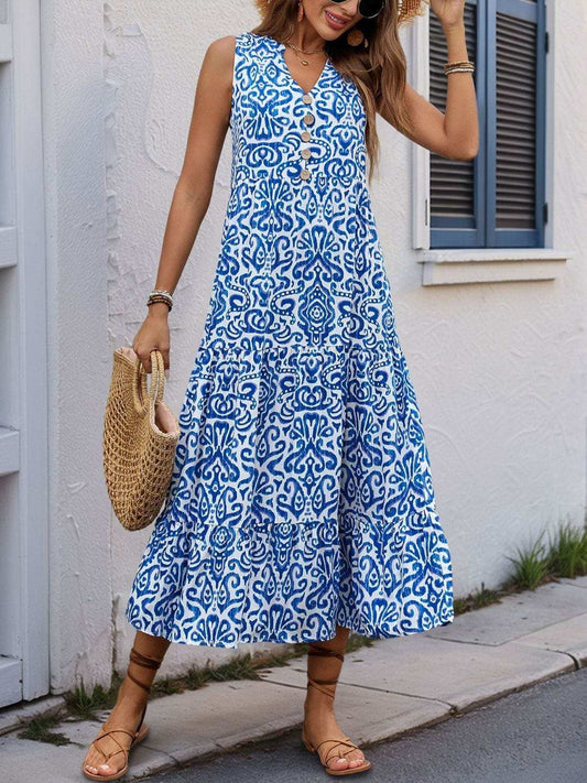 Perfee Decorative Button Printed Notched Sleeveless Midi Dress - Trendsi - Flyclothing LLC