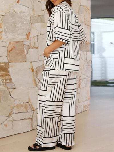 Button Down Half Sleeve Top and Pants Set - Trendsi - Flyclothing LLC