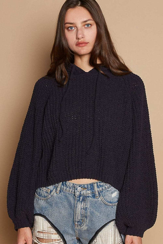POL Back Open Slit Balloon Sleeve Crop Hooded Sweater - Trendsi - Flyclothing LLC