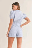 MABLE Striped Puff Sleeve Collared Neck Romper - Trendsi - Flyclothing LLC