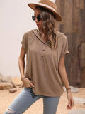 Half Button Hooded Short Sleeve Blouse - Trendsi - Flyclothing LLC