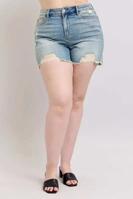 Judy Blue Full Size High Rise Washed Fly Stitch Detail and Destroy Denim Shorts Plus Size - Trendsi - Flyclothing LLC