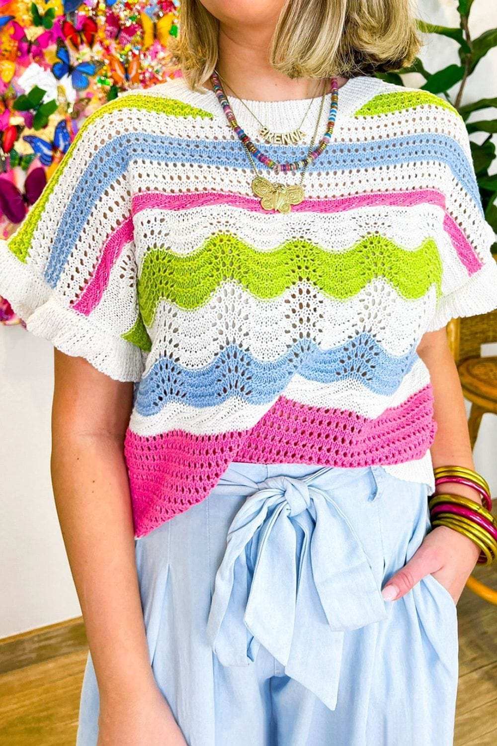 Color Block Crochet Ruffled Short Sleeve Knit Top - Trendsi - Flyclothing LLC