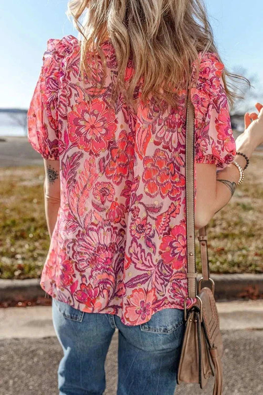 Floral Print Ruffled Puff Short Sleeve Blouse - Trendsi - Flyclothing LLC