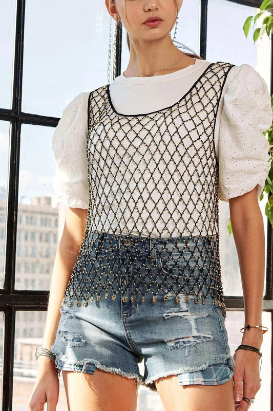 ADORA Beads Accent Fishnet Tank Top - Trendsi - Flyclothing LLC