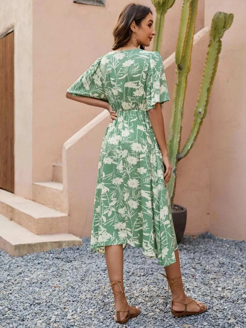 Printed V-Neck Flutter Sleeve Dress - Trendsi - Flyclothing LLC