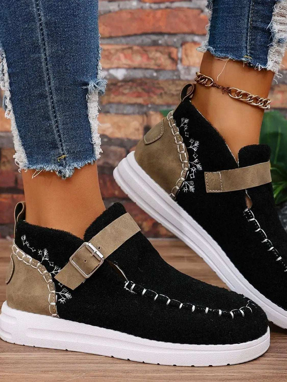 Contrast Round Toe Buckle Sneakers - Trendsi - Flyclothing LLC