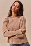 SO ME Mineral Washed Waffle Top With Puff Sleeves - Trendsi - Flyclothing LLC
