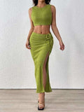Perfee Texture Cropped Tank and Ruched Skirt Set - Trendsi - Flyclothing LLC