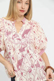 Umgee Mixed Print Puff Sleeve Split Neck Top - Trendsi - Flyclothing LLC