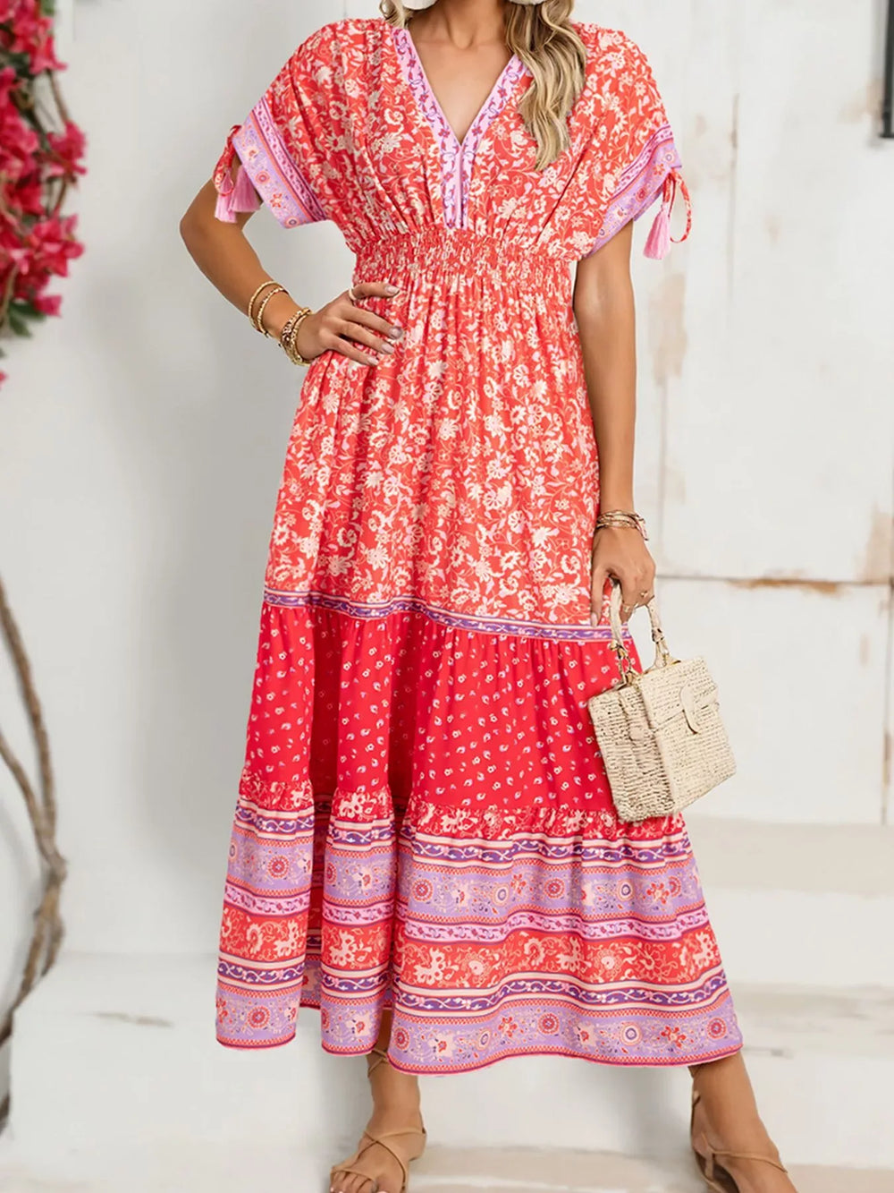 Floral Print Tasseled Tied Sleeve Empire Waist Dress - Trendsi - Flyclothing LLC