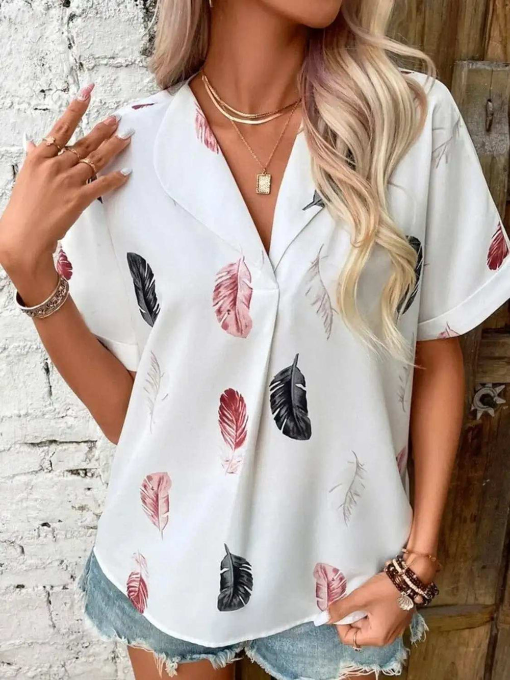 Full Size Printed Collared Neck Short Sleeve Blouse - Trendsi - Flyclothing LLC