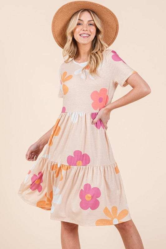 BOMBOM Floral Round Neck Short Sleeve Tiered Dress - Trendsi - Flyclothing LLC