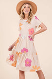 BOMBOM Floral Round Neck Short Sleeve Tiered Dress - Trendsi - Flyclothing LLC