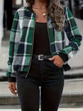 Plus Size Plaid Baseball Collar Zip Up Jacket - Trendsi - Flyclothing LLC