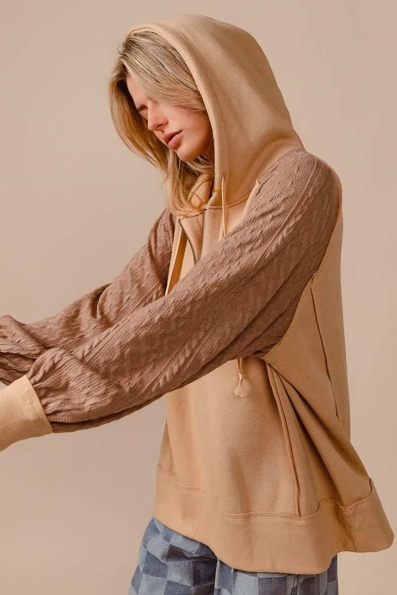 BiBi Half Zip French Terry Hoodie with Kint Sleeves - Trendsi - Flyclothing LLC