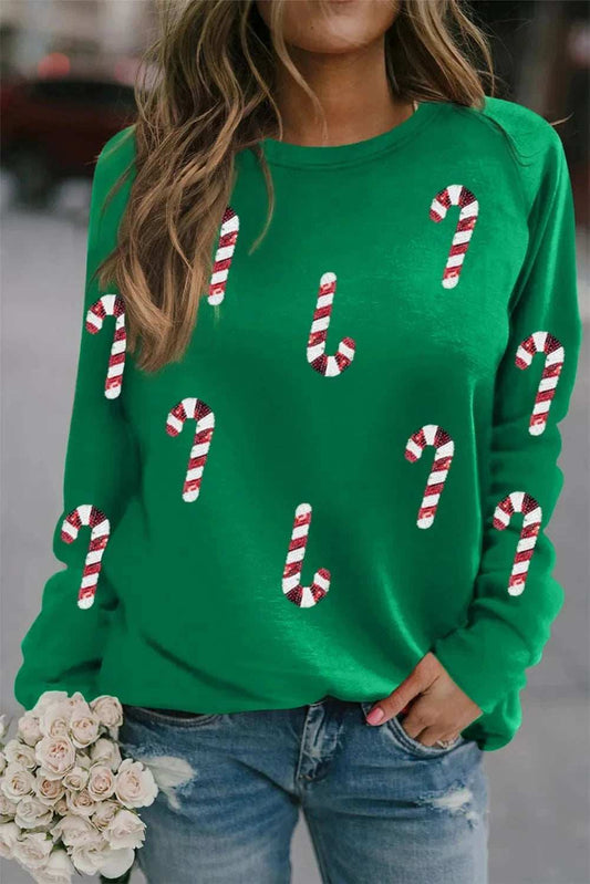 Candy Cane Round Neck Long Sleeve Sweatshirt - Trendsi - Flyclothing LLC