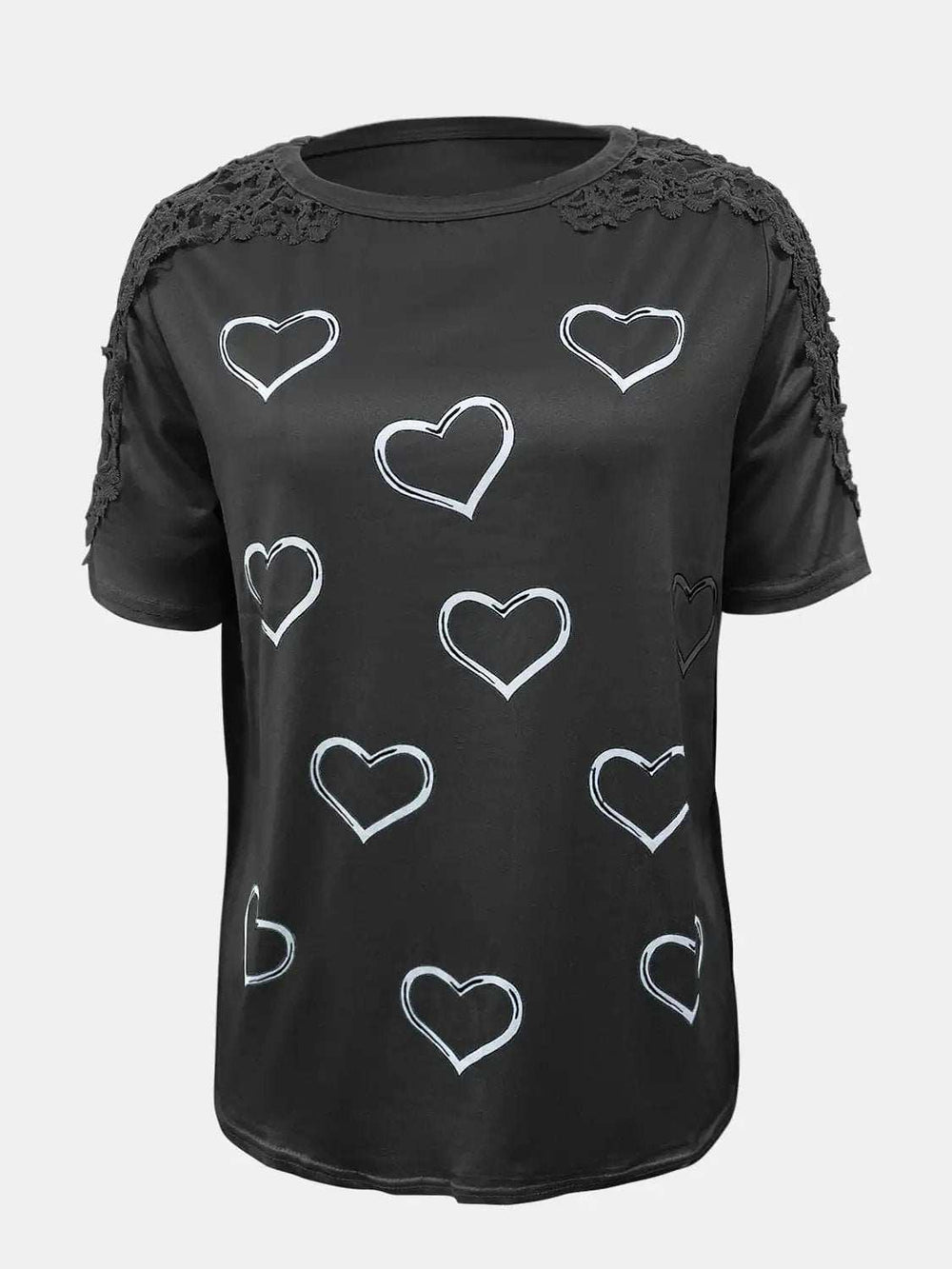 Full Size Lace Detail Heart Round Neck Short Sleeve Top - Trendsi - Flyclothing LLC