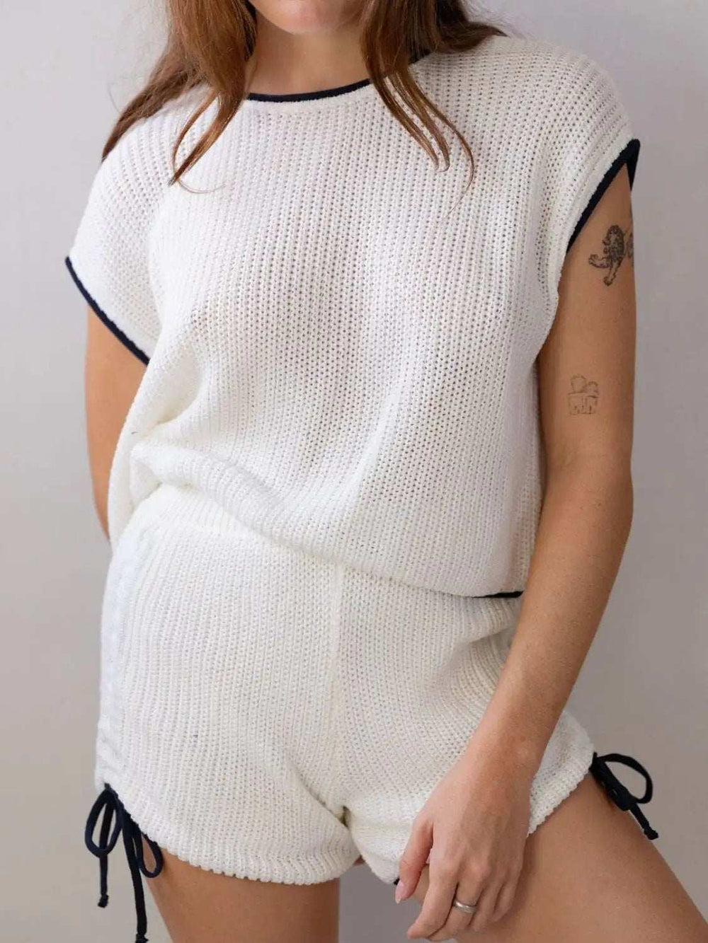 Contrast Trim Round Neck Top and Shorts Sweater Set - Trendsi - Flyclothing LLC