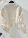 Cable-Knit Tied Open Front Lantern Sleeve Cardigan - Trendsi - Flyclothing LLC